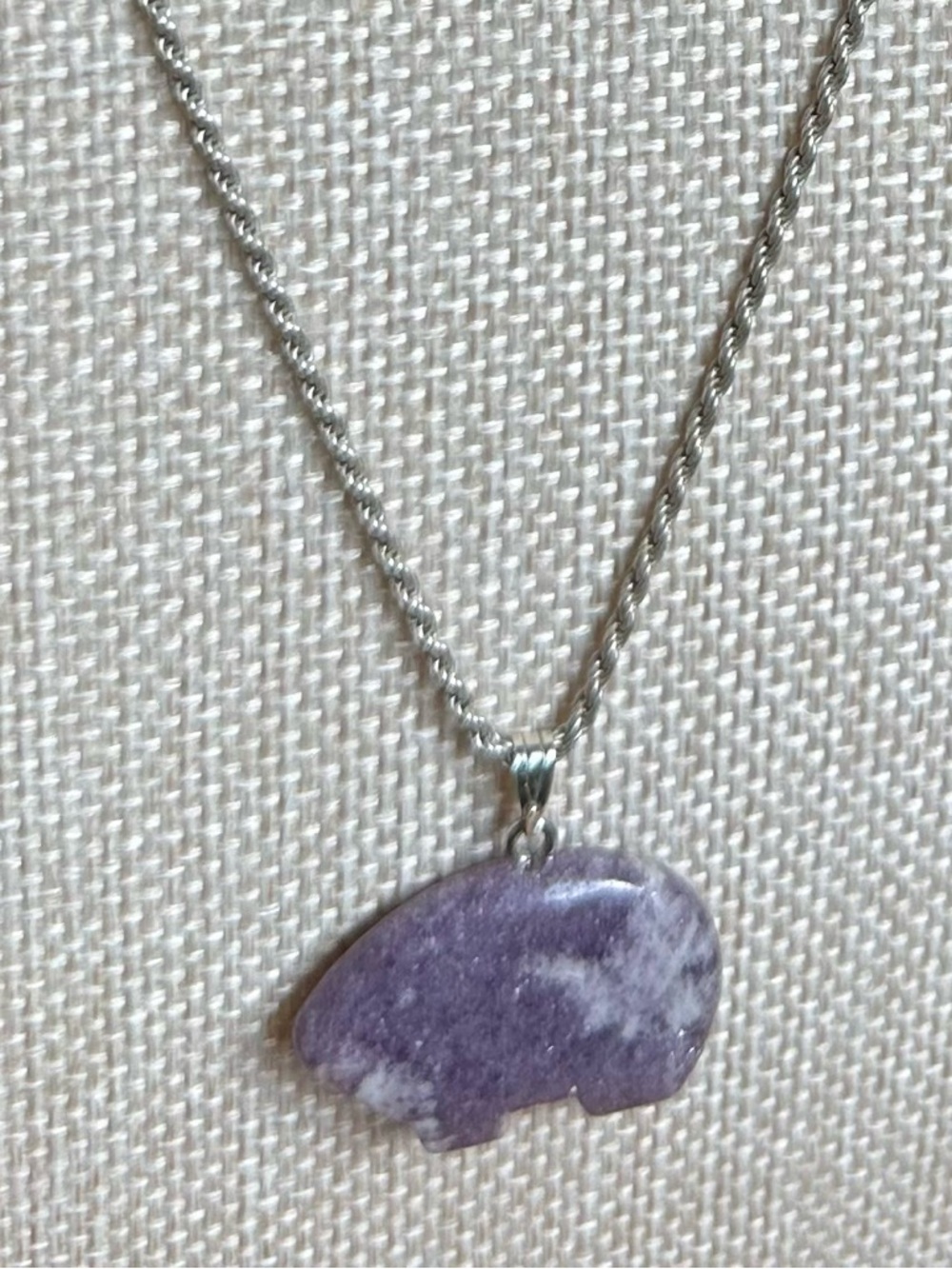 Lavender Stone Fetish Necklace - Silver Sterling Silver Rope Chain